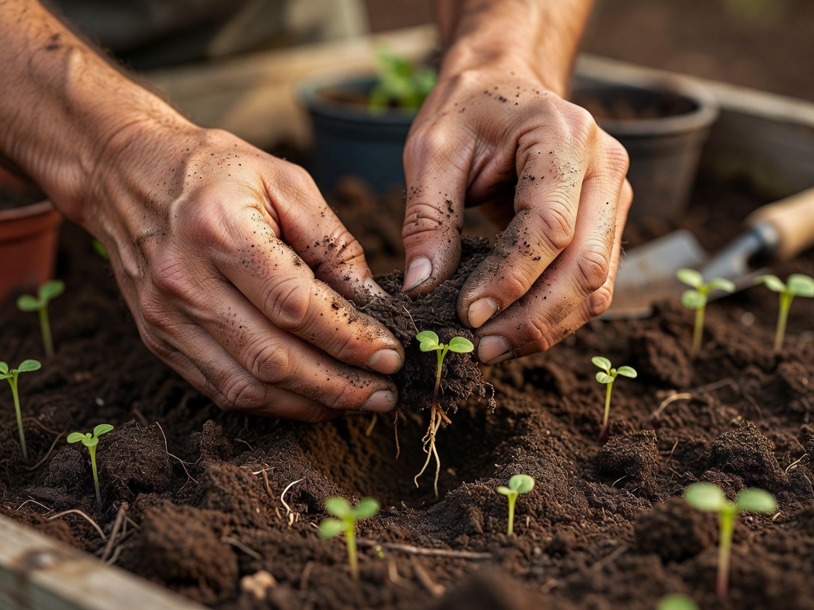 Hands working with soil and seedlings
